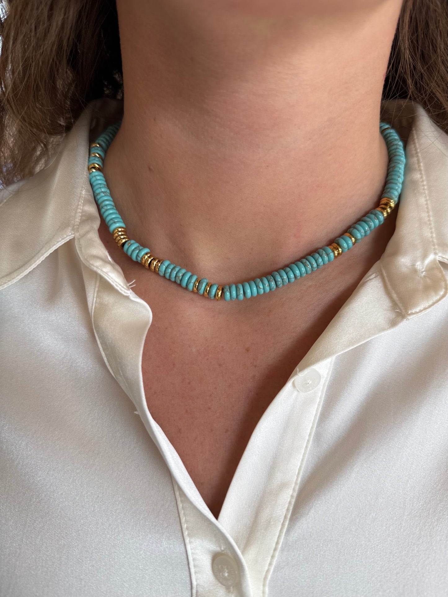 Small Turquoise Gemstone Necklace with Gold Accents