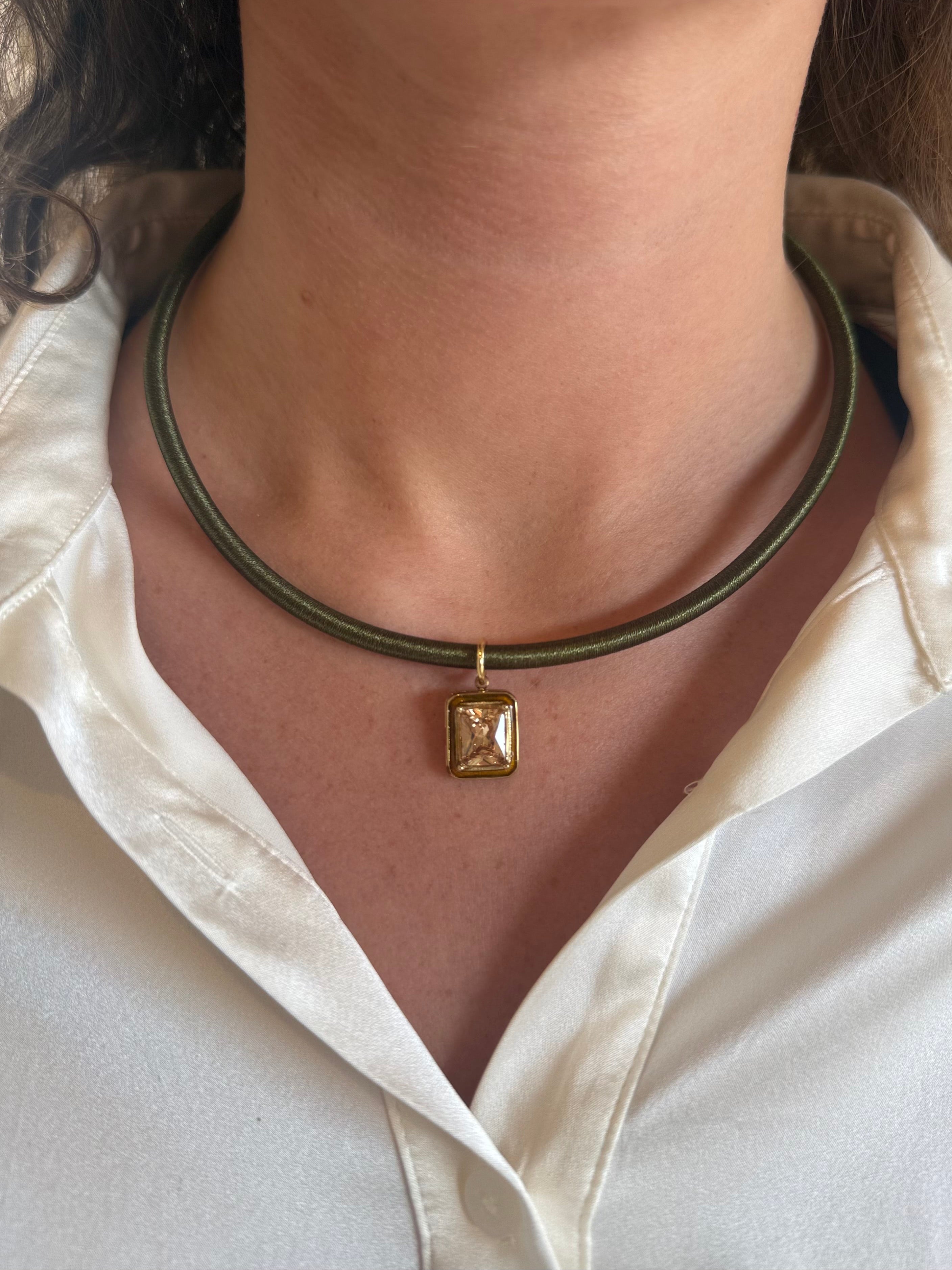 Olive Green Satin Necklace with gold pendant