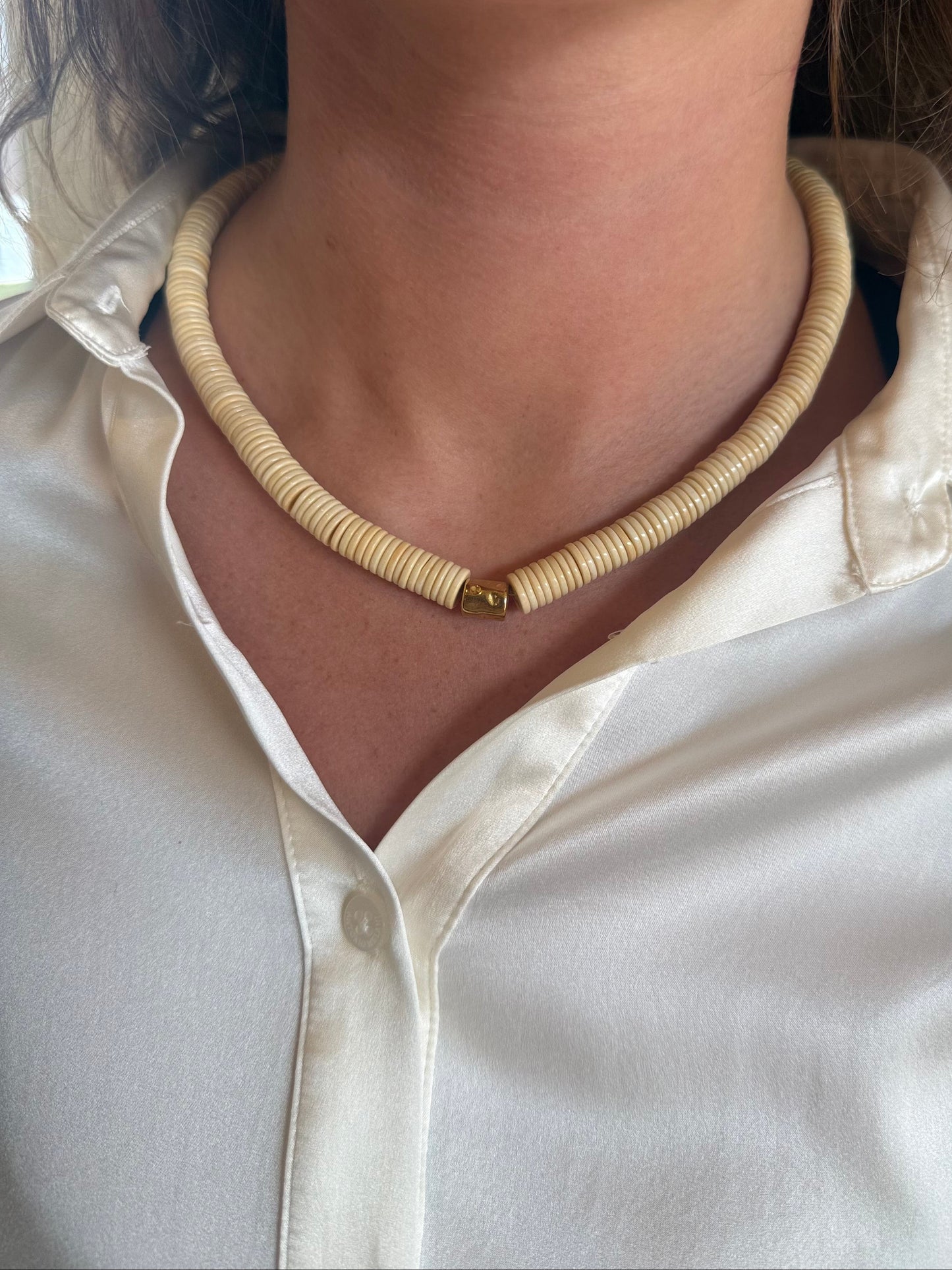 Neutral Shell Statement Necklace with Gold Hammered Center