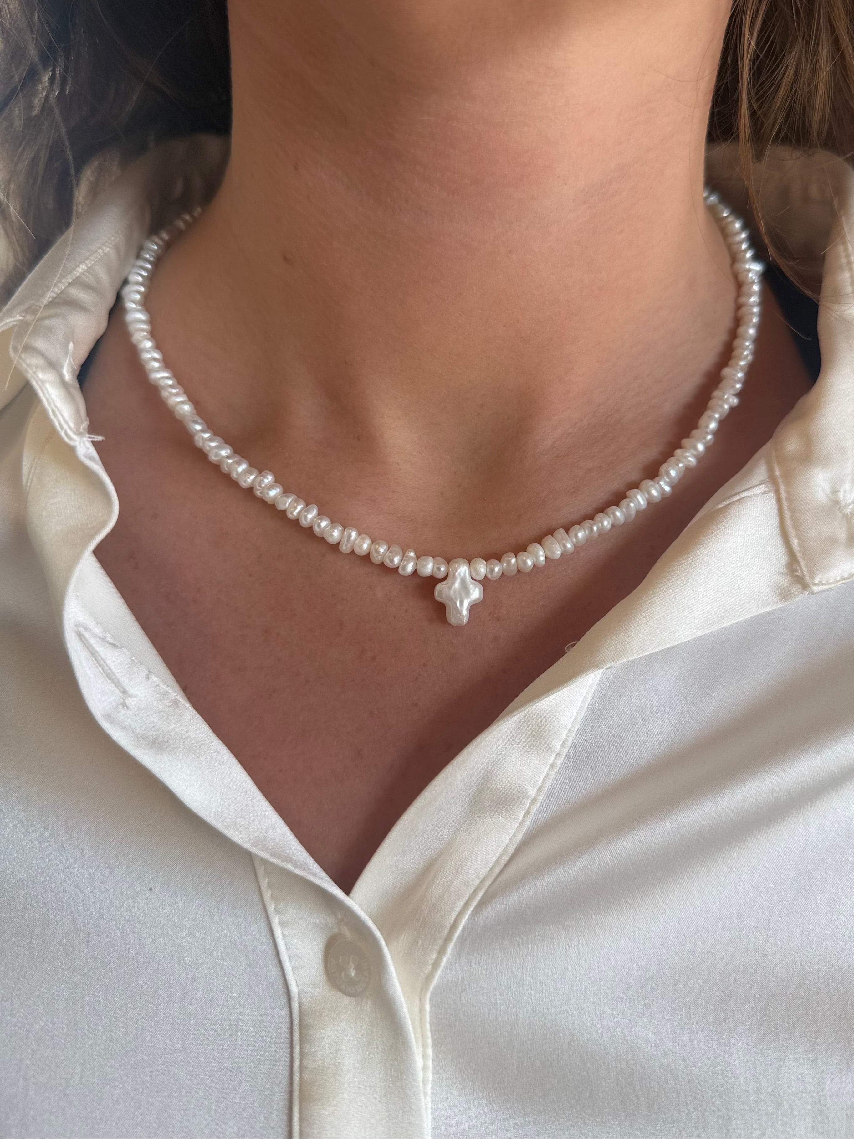 Freshwater pearl Cross Pendant Necklace