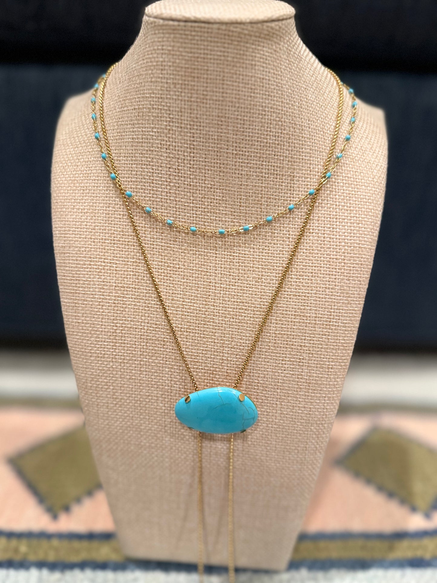 18K Gold & Turquoise Stone Adjustable Bolo Necklace