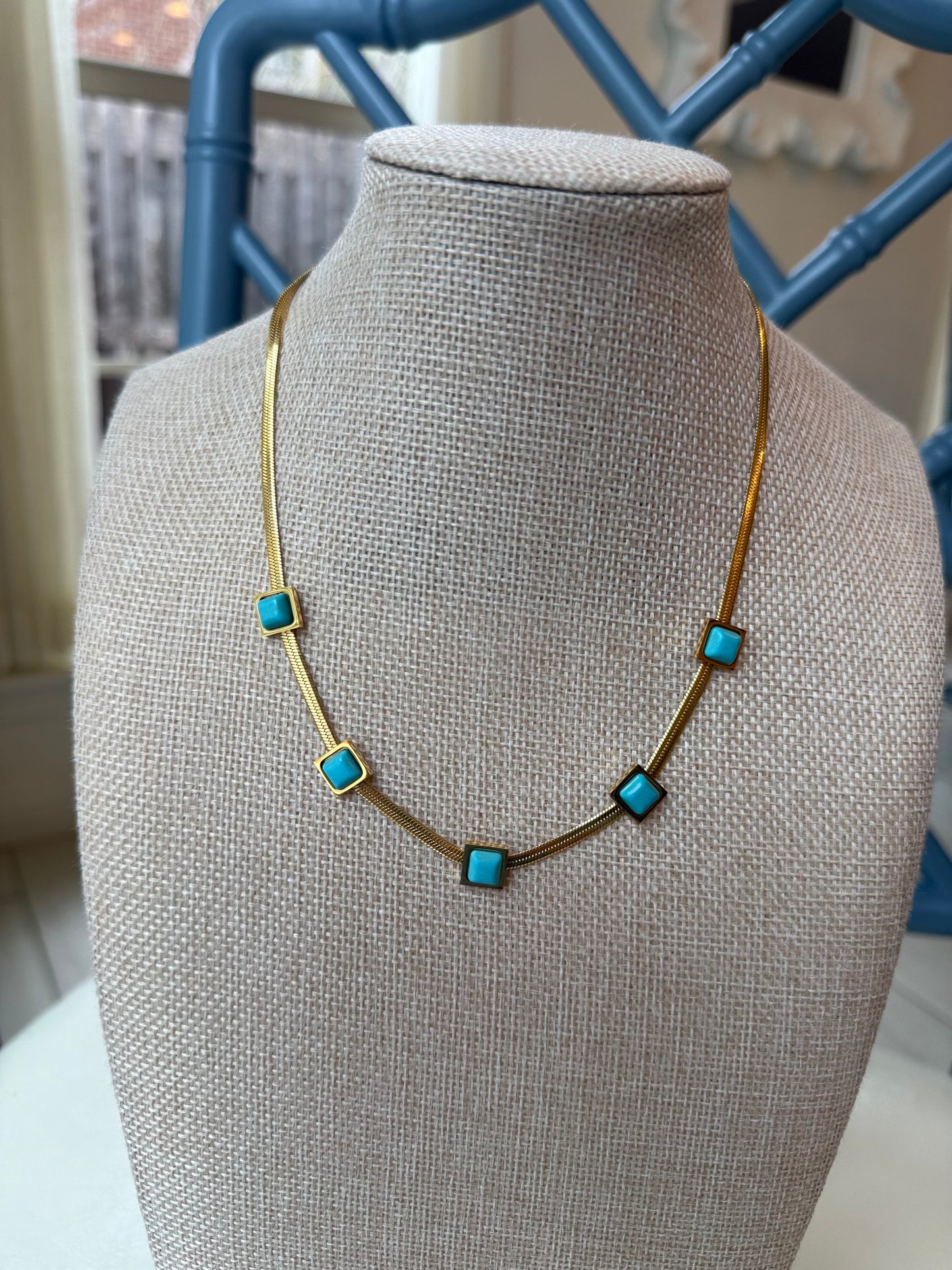 18K Gold & Turquoise Herringbone Chain Necklace