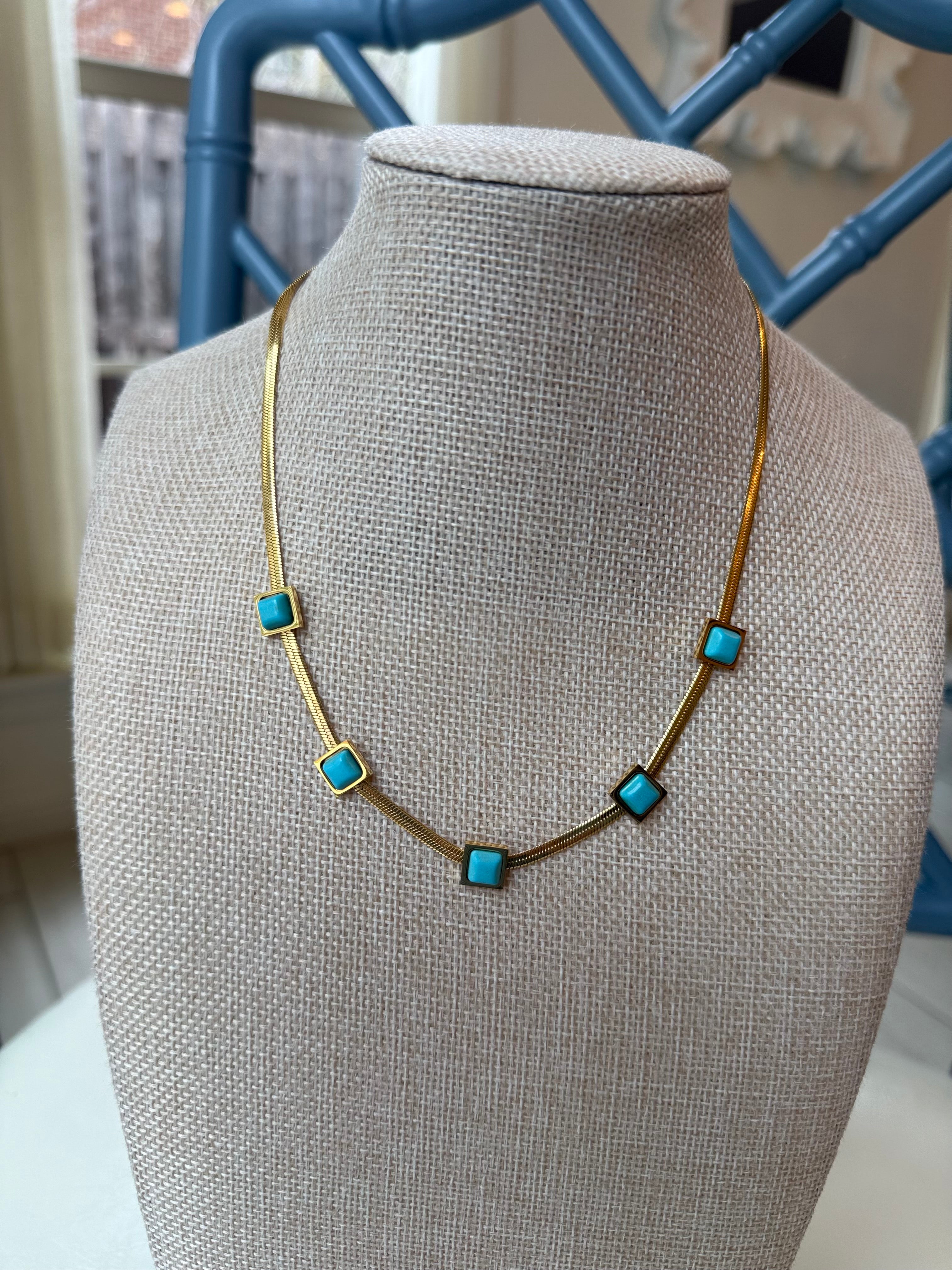 18K Gold & Turquoise Herringbone Chain Necklace