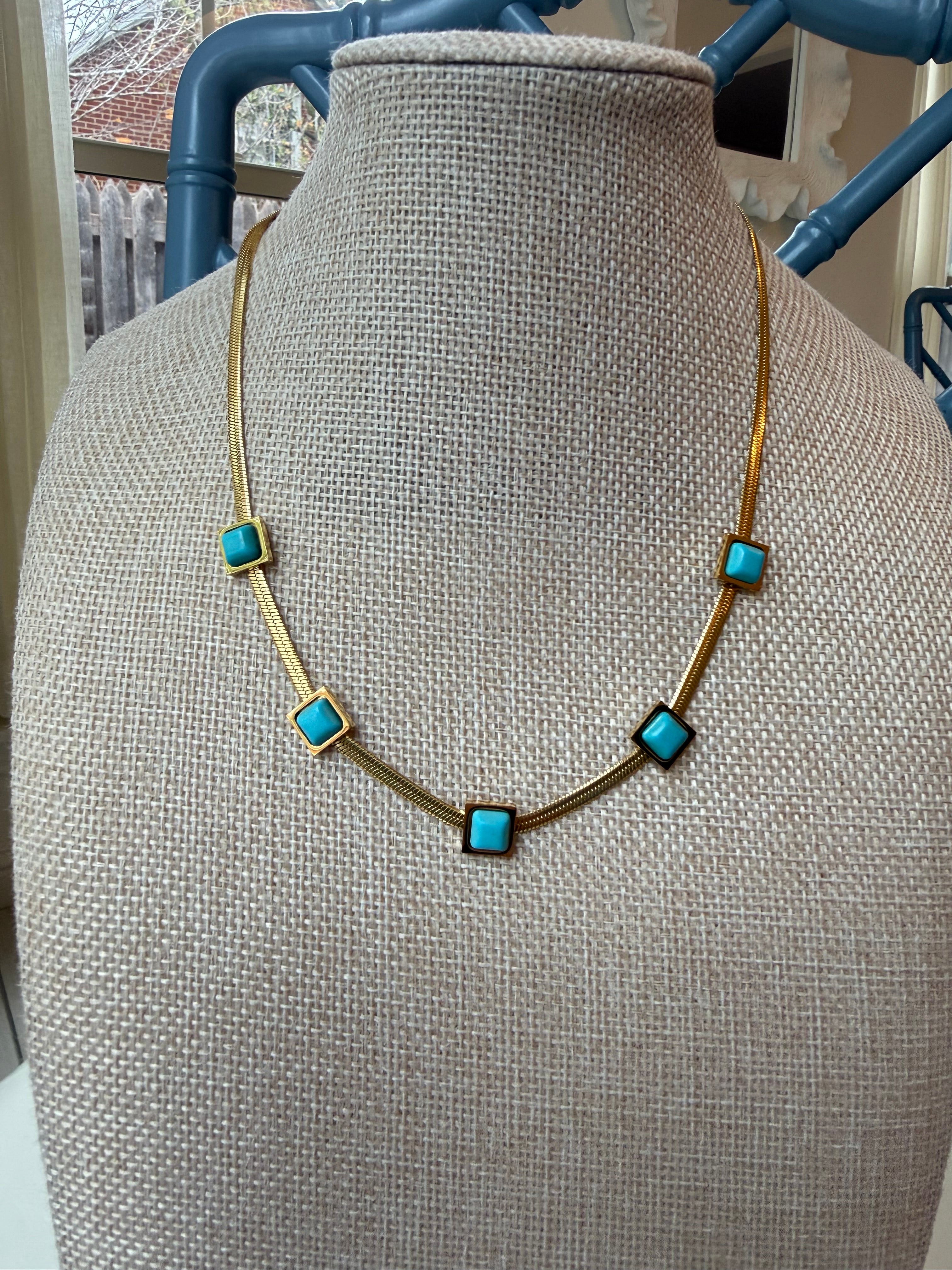 18K Gold & Turquoise Herringbone Chain Necklace