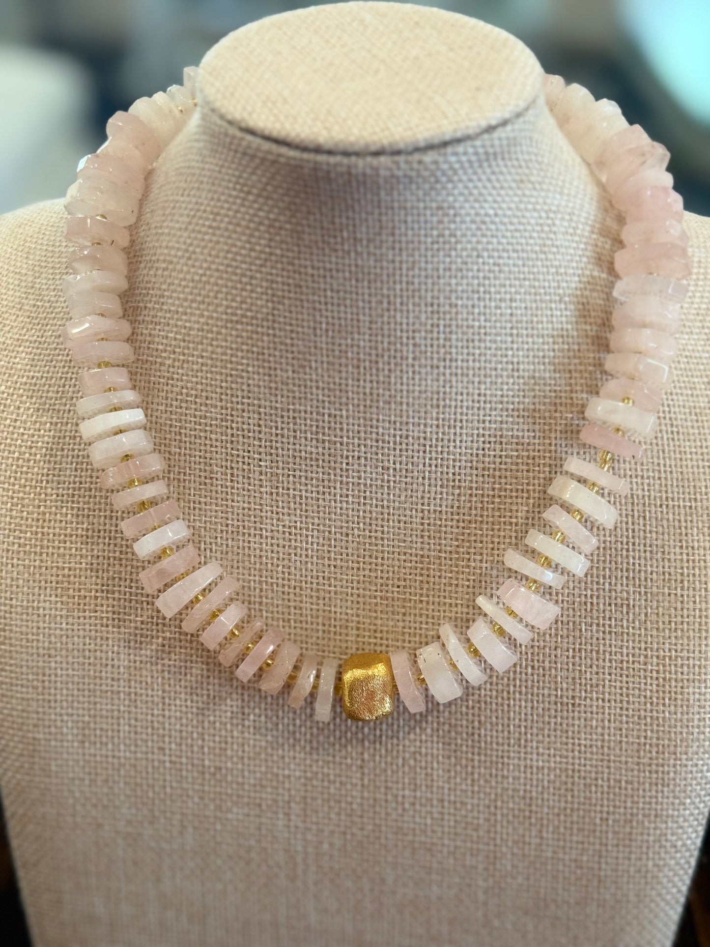 Chunky Rose Quartz Flat Gemstone Necklace