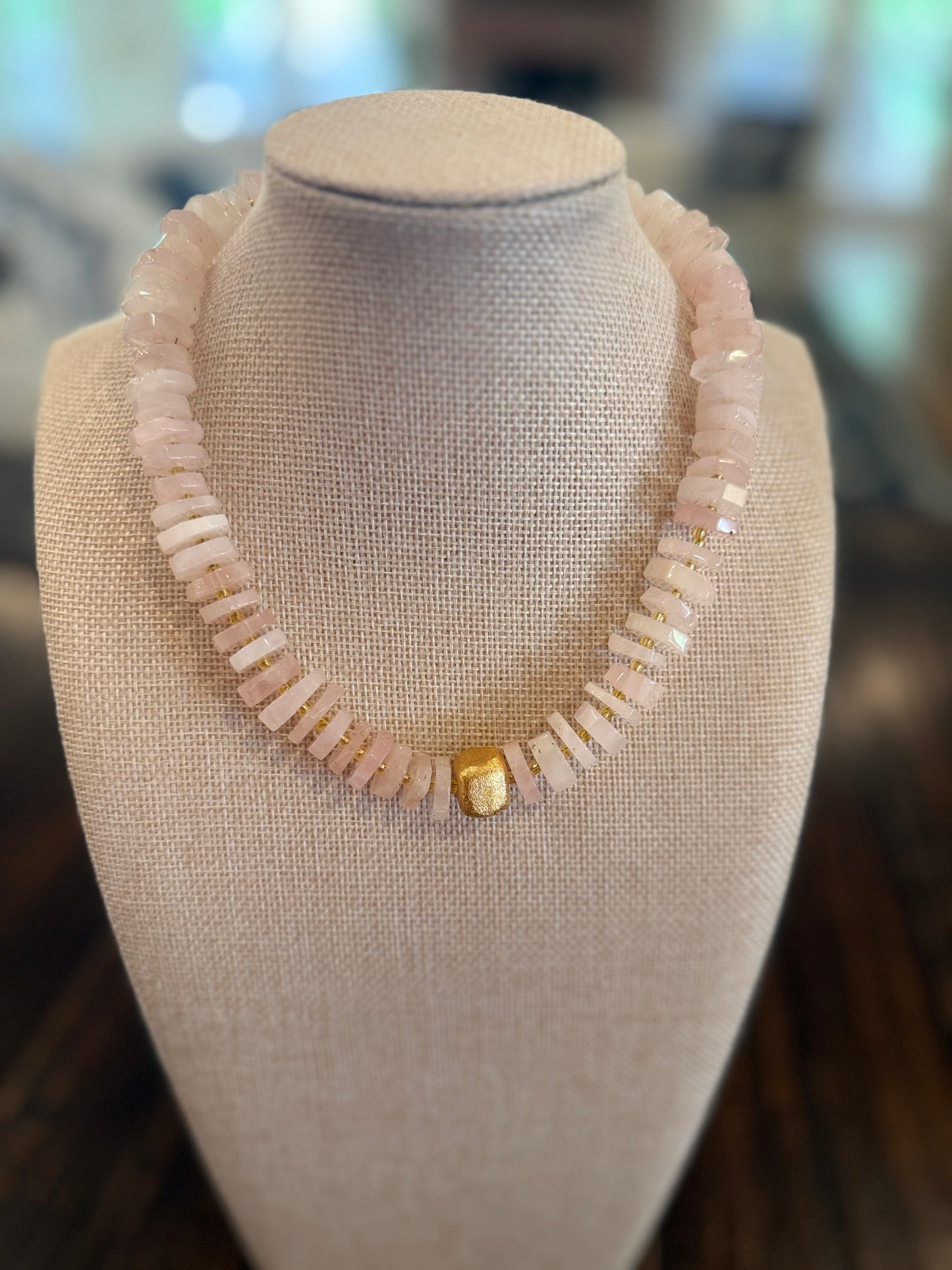 Chunky Rose Quartz Flat Gemstone Necklace