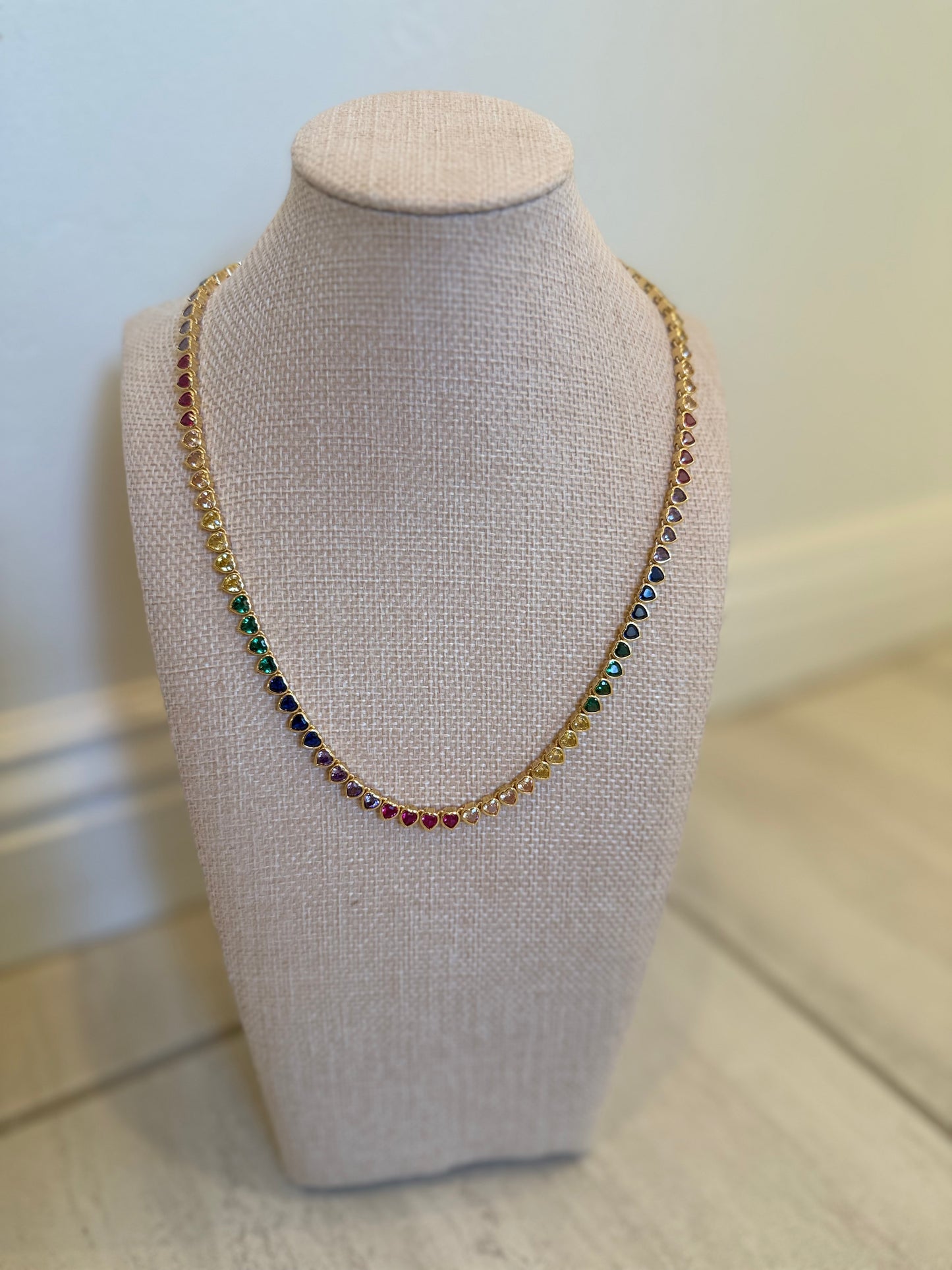 18K Gold Rainbow Heart Tennis Necklace