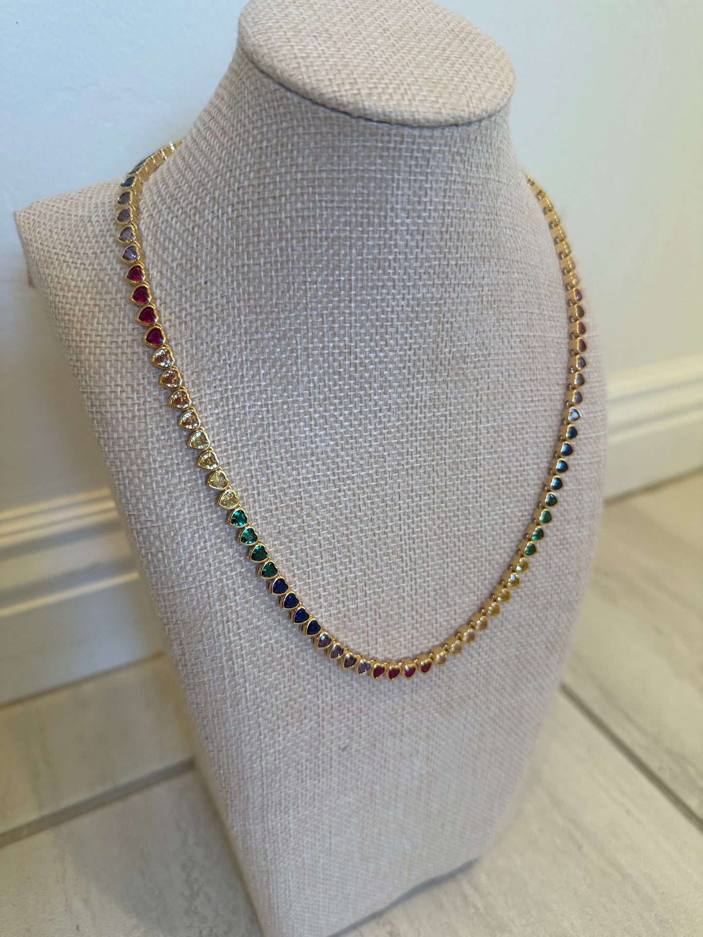 18K Gold Rainbow Heart Tennis Necklace