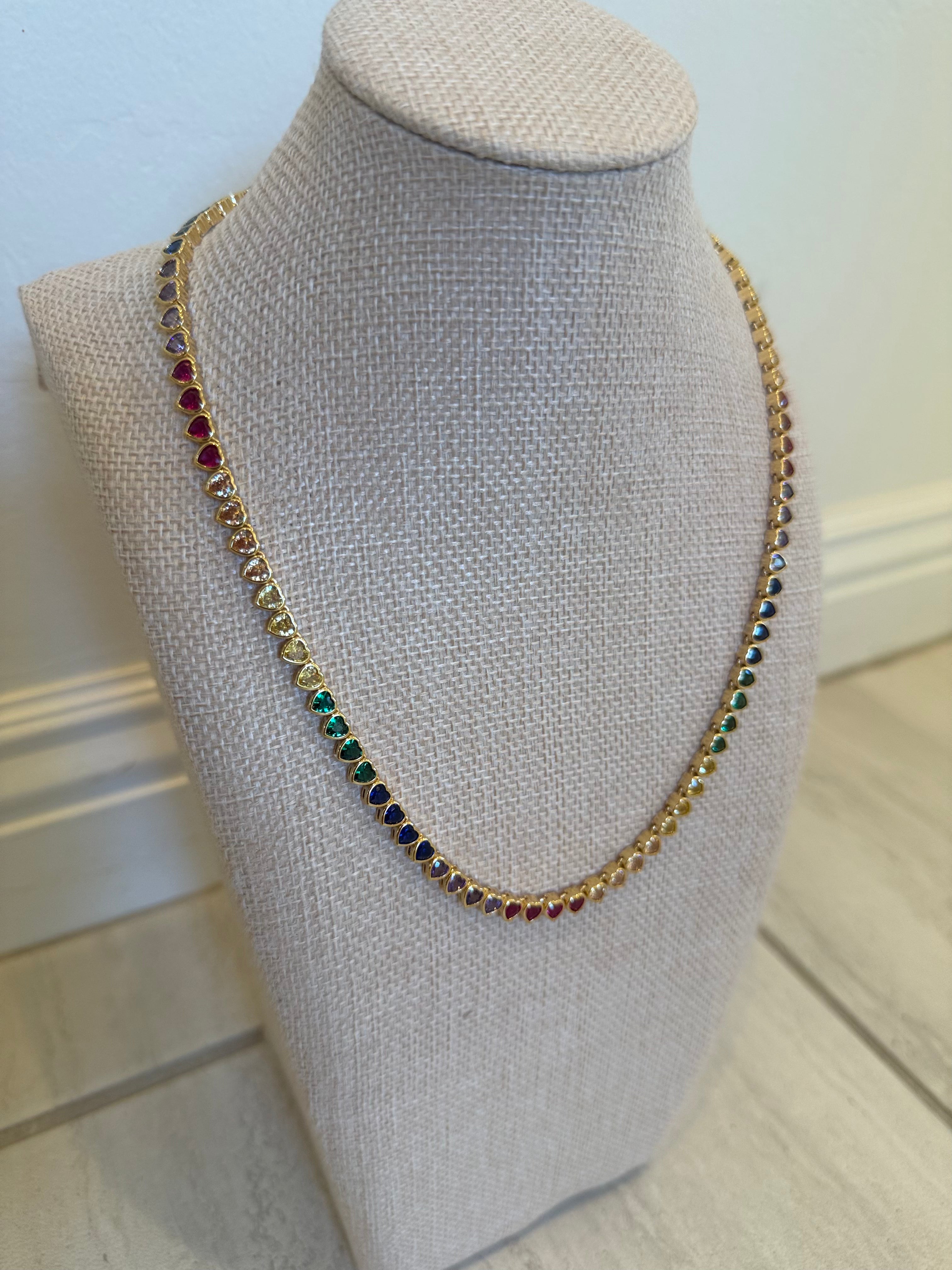 18K Gold Rainbow Heart Tennis Necklace