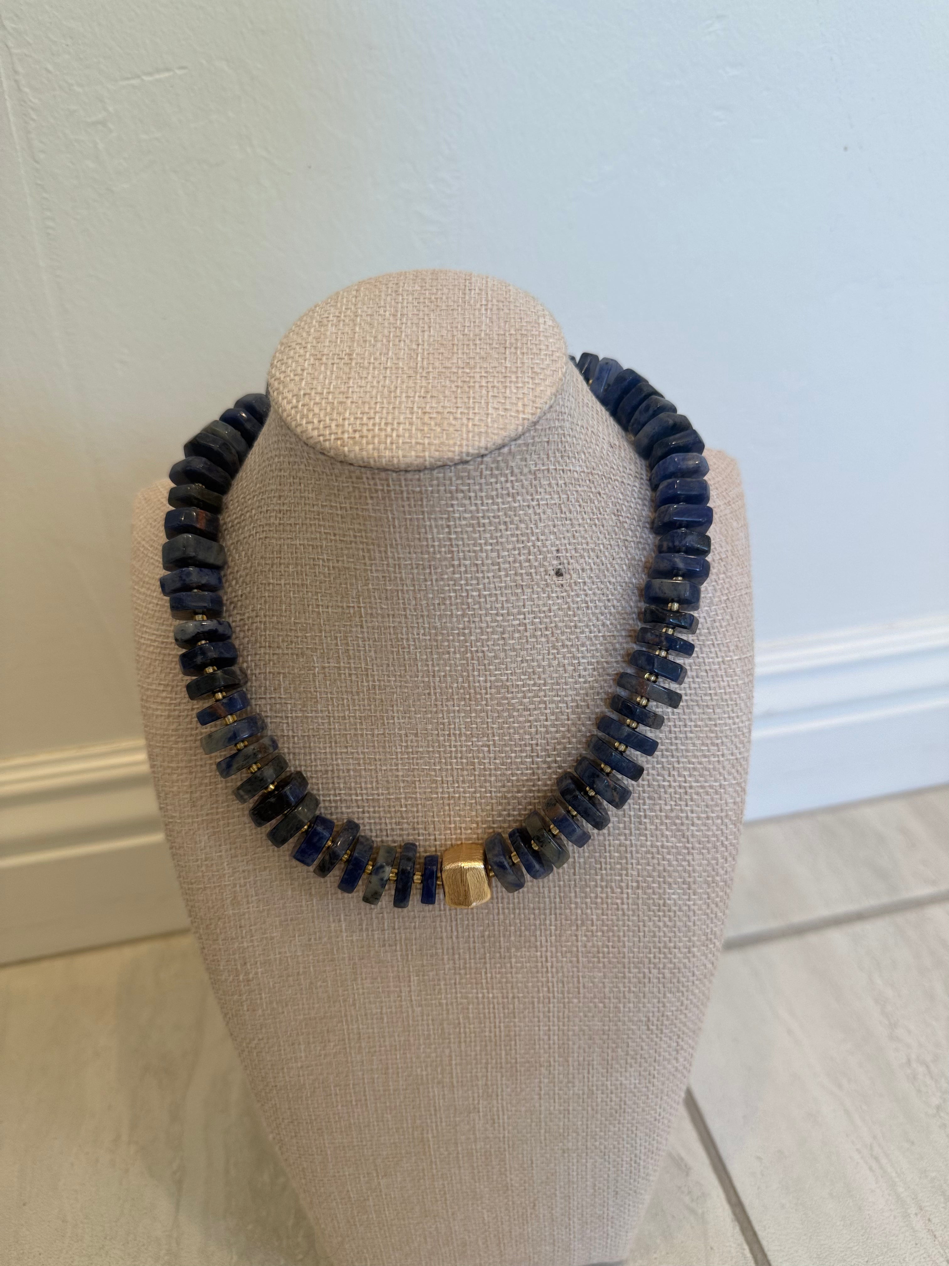 Chunky Dark Blue Lapis Flat Gemstone Necklace