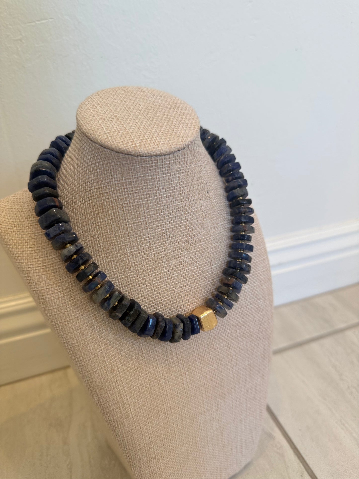 Chunky Dark Blue Lapis Flat Gemstone Necklace
