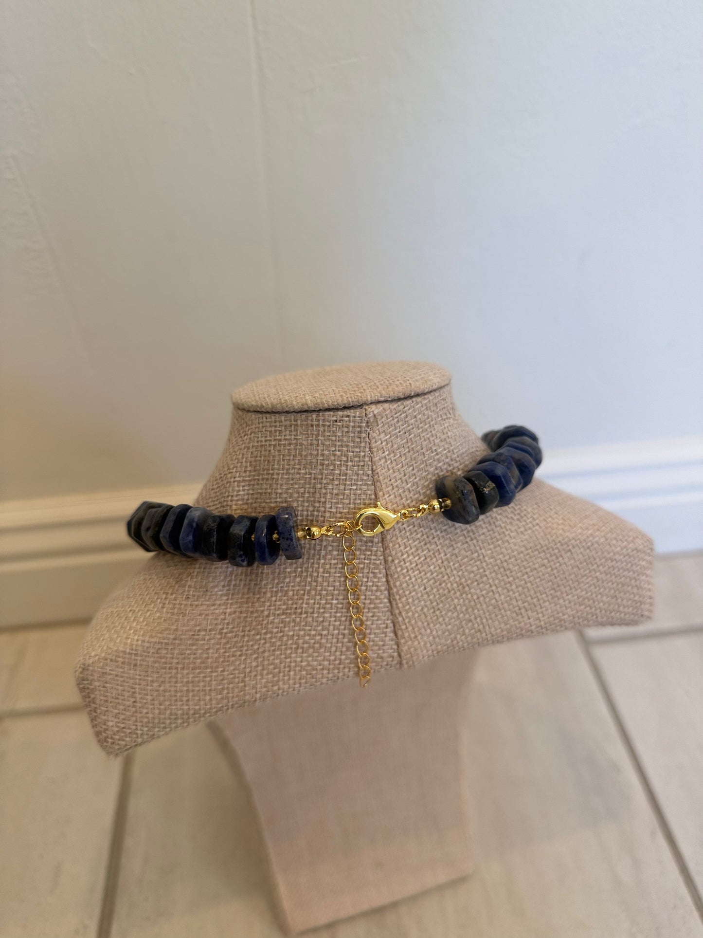 Chunky Dark Blue Lapis Flat Gemstone Necklace