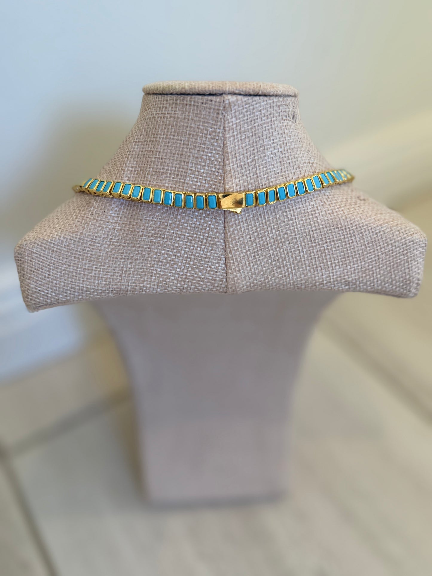18K Gold & Turquoise Rectangular Tennis Necklace