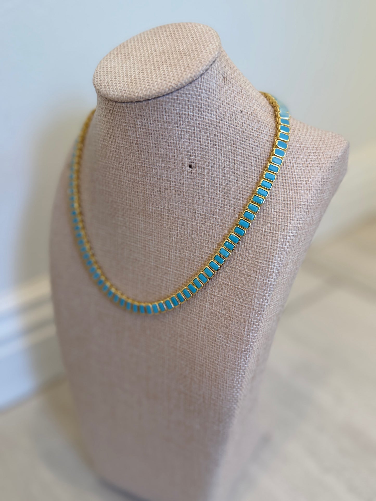 18K Gold & Turquoise Rectangular Tennis Necklace