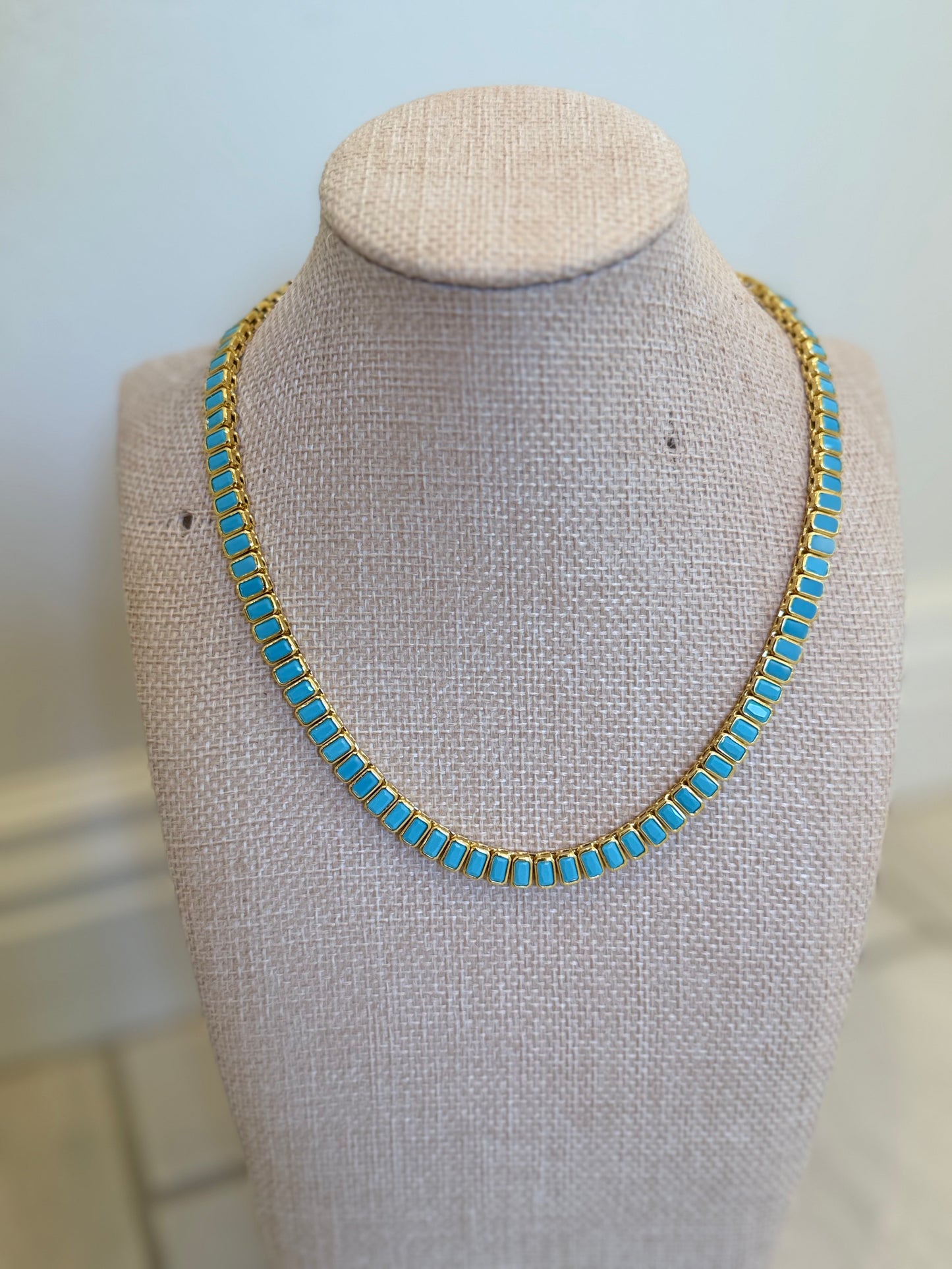 18K Gold & Turquoise Rectangular Tennis Necklace