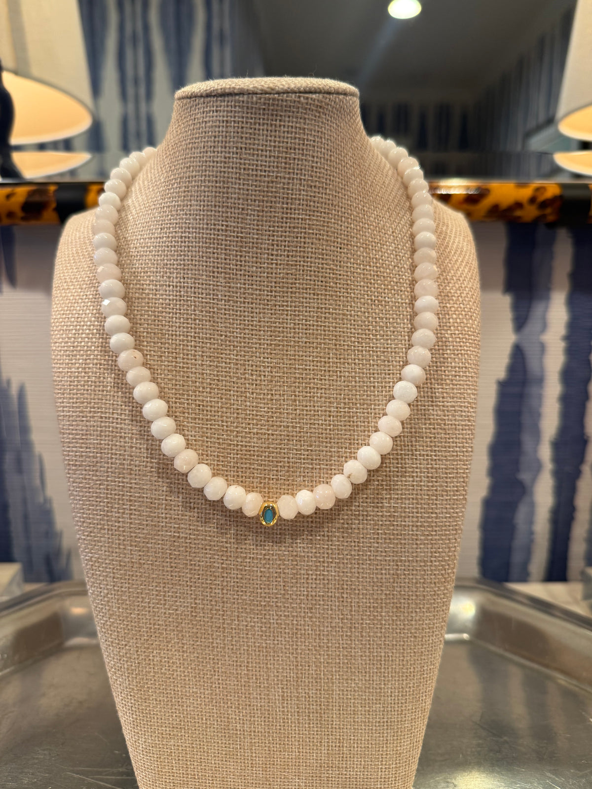 Faceted Milky White Gemstone Necklace with Bezel Pendant