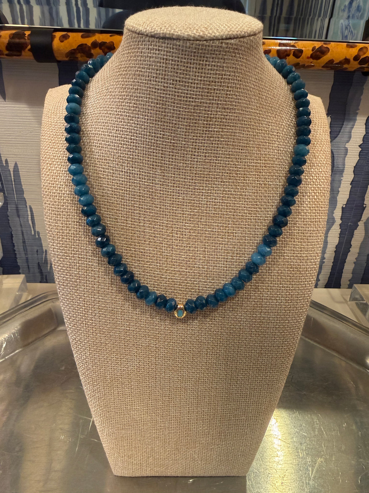 Faceted Dark Blue Gemstone Necklace with Bezel Pendant