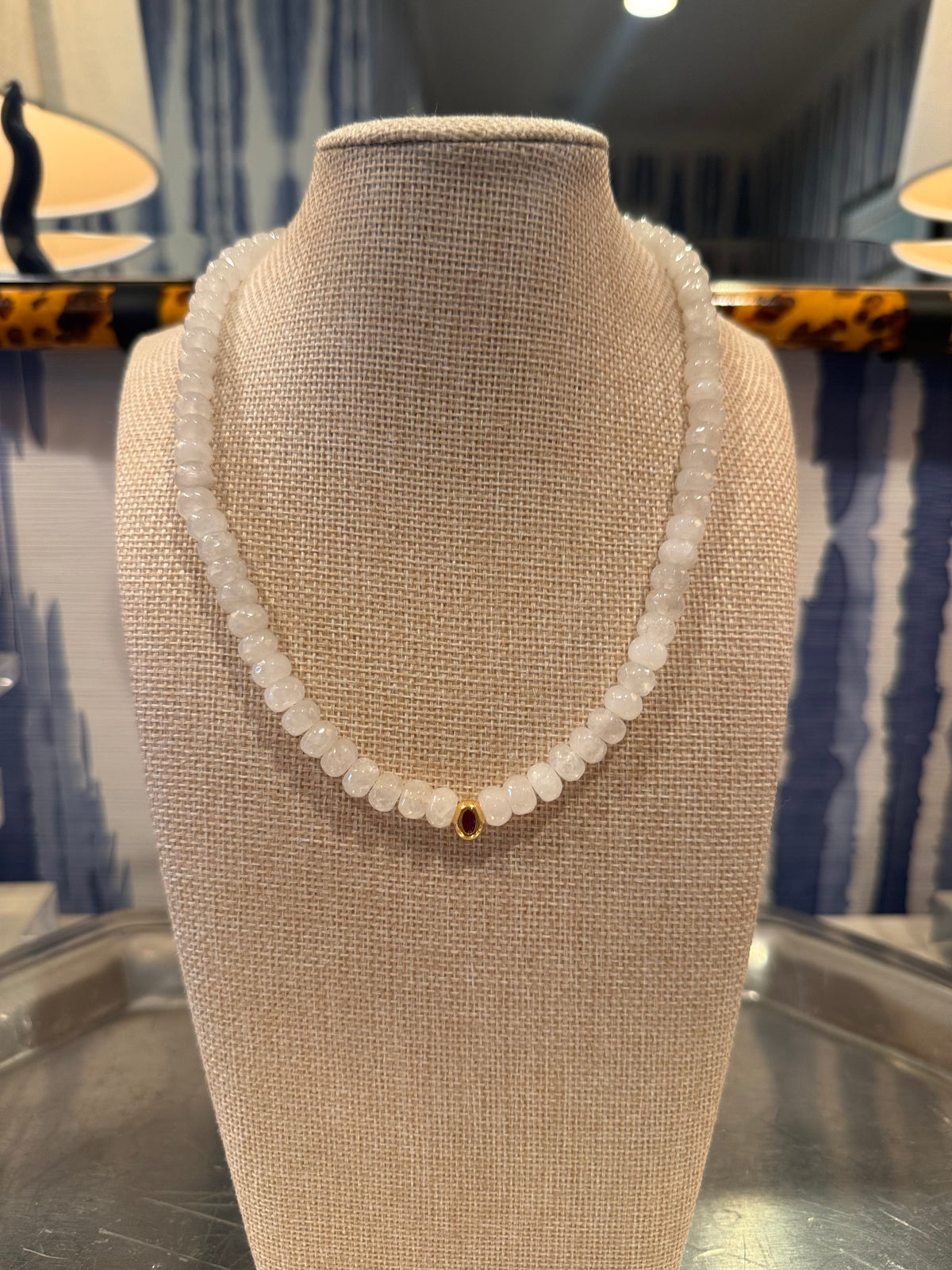 Faceted Foggy White Gemstone Necklace with Bezel Pendant