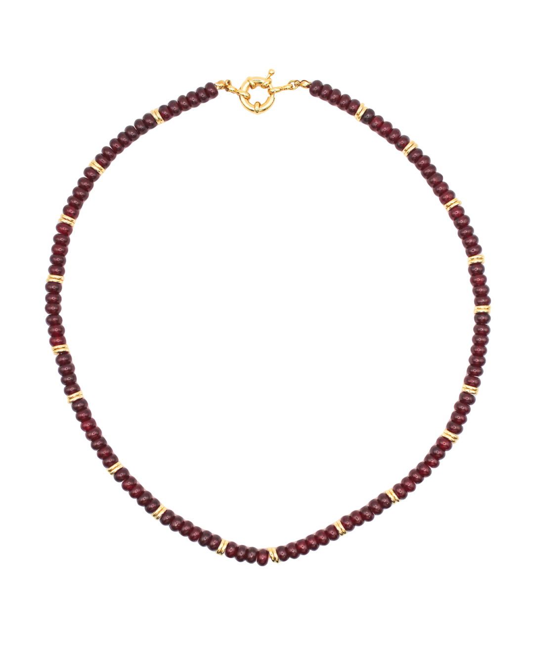 Maroon beaded necklace with gold accents.