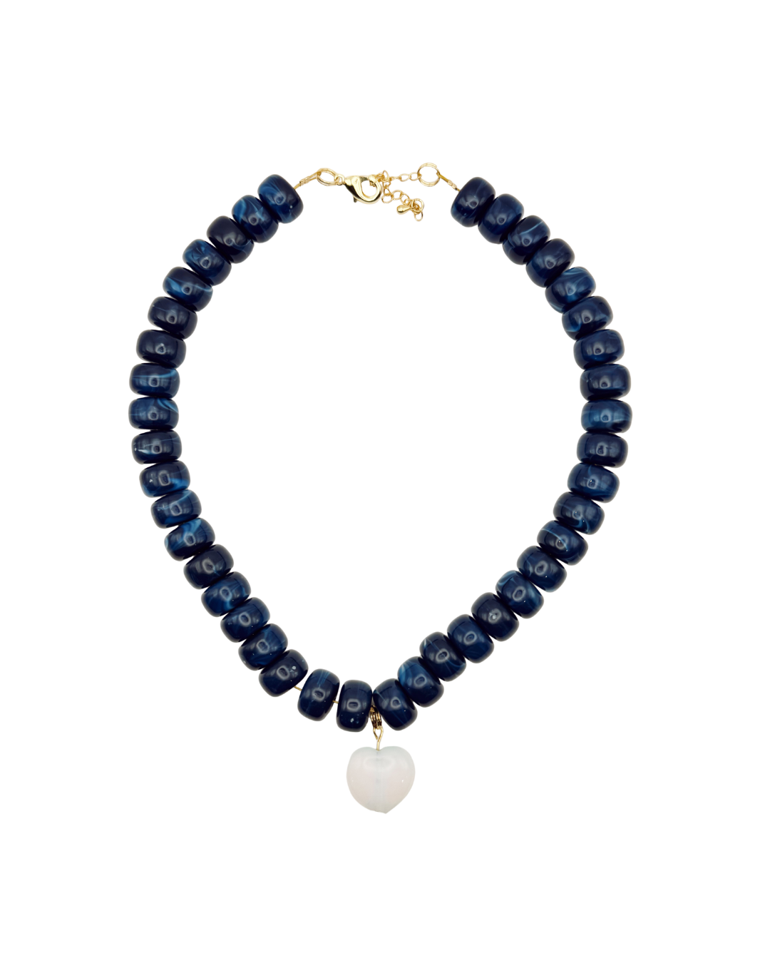 Necklace with blue beads and a white pendant on a white background