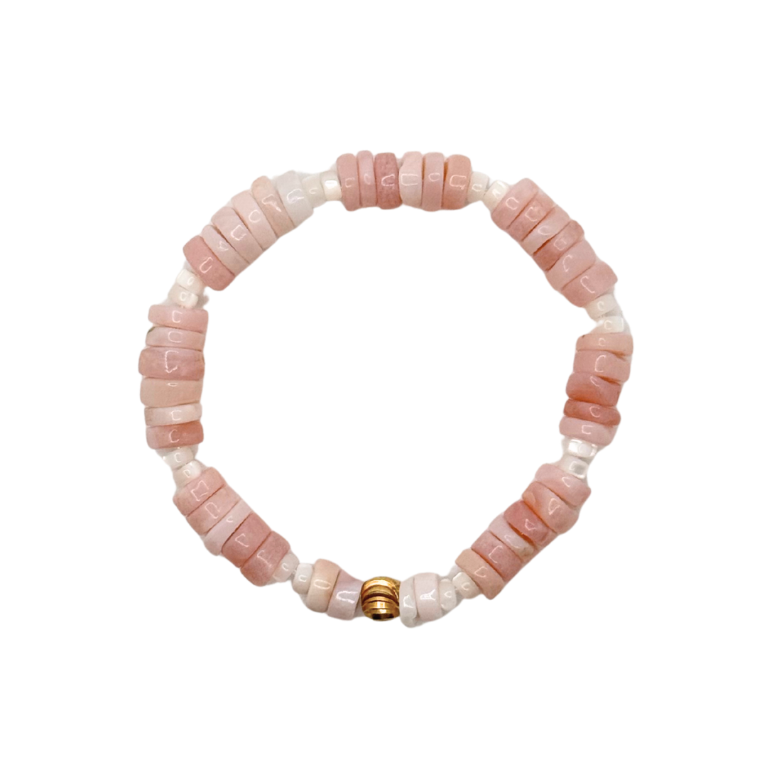 Pink Flat Pebble Bracelet with White Accents