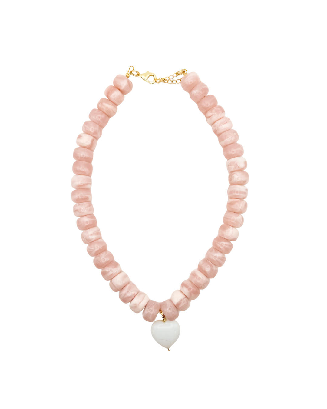 Necklace with pink beads and a heart-shaped charm on a white background