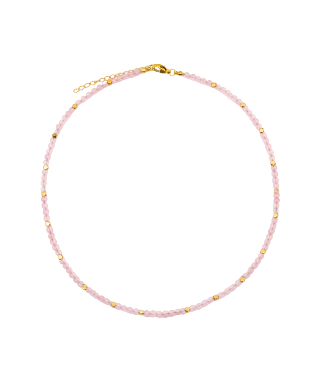 Necklace with pink and gold beads on a white background