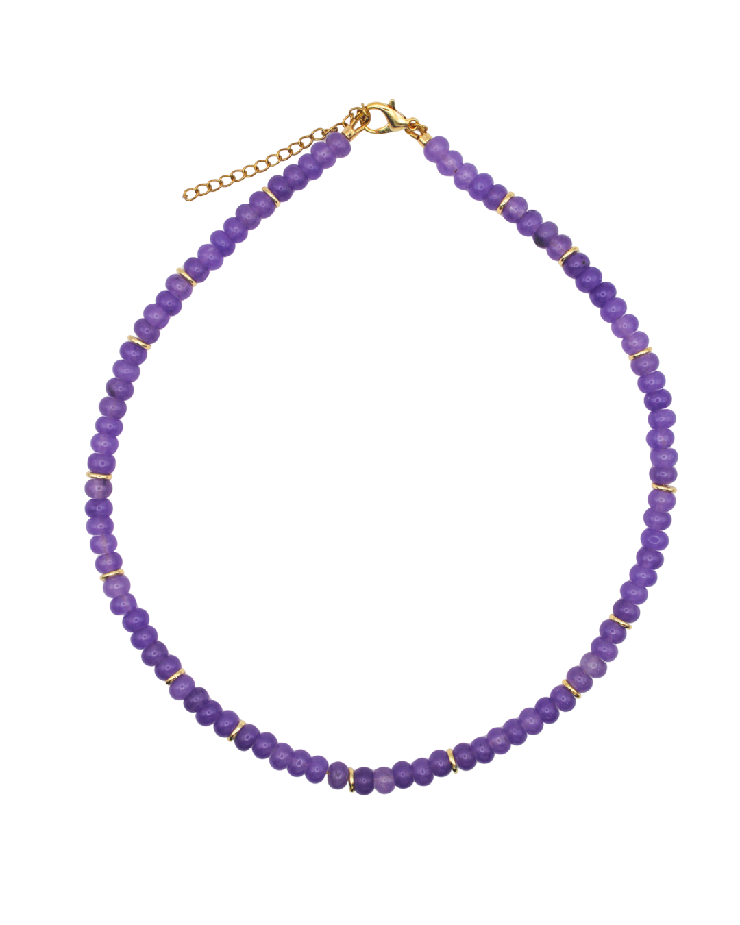 Purple beaded necklace with gold chain.