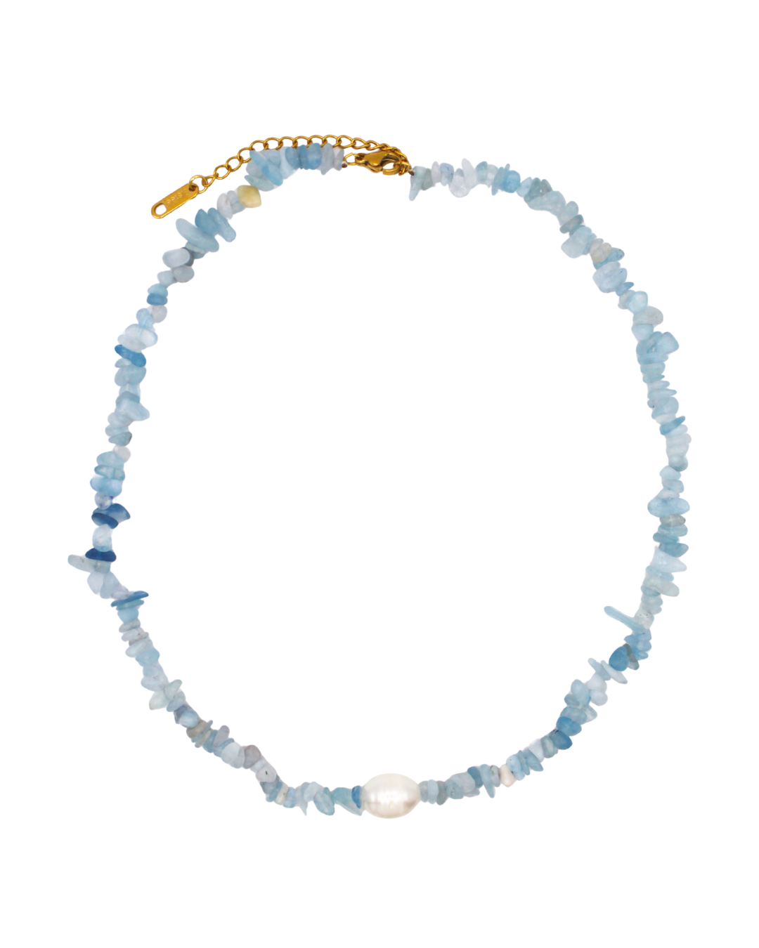 Necklace with blue beads, gold clasp, and a white imitation pearl