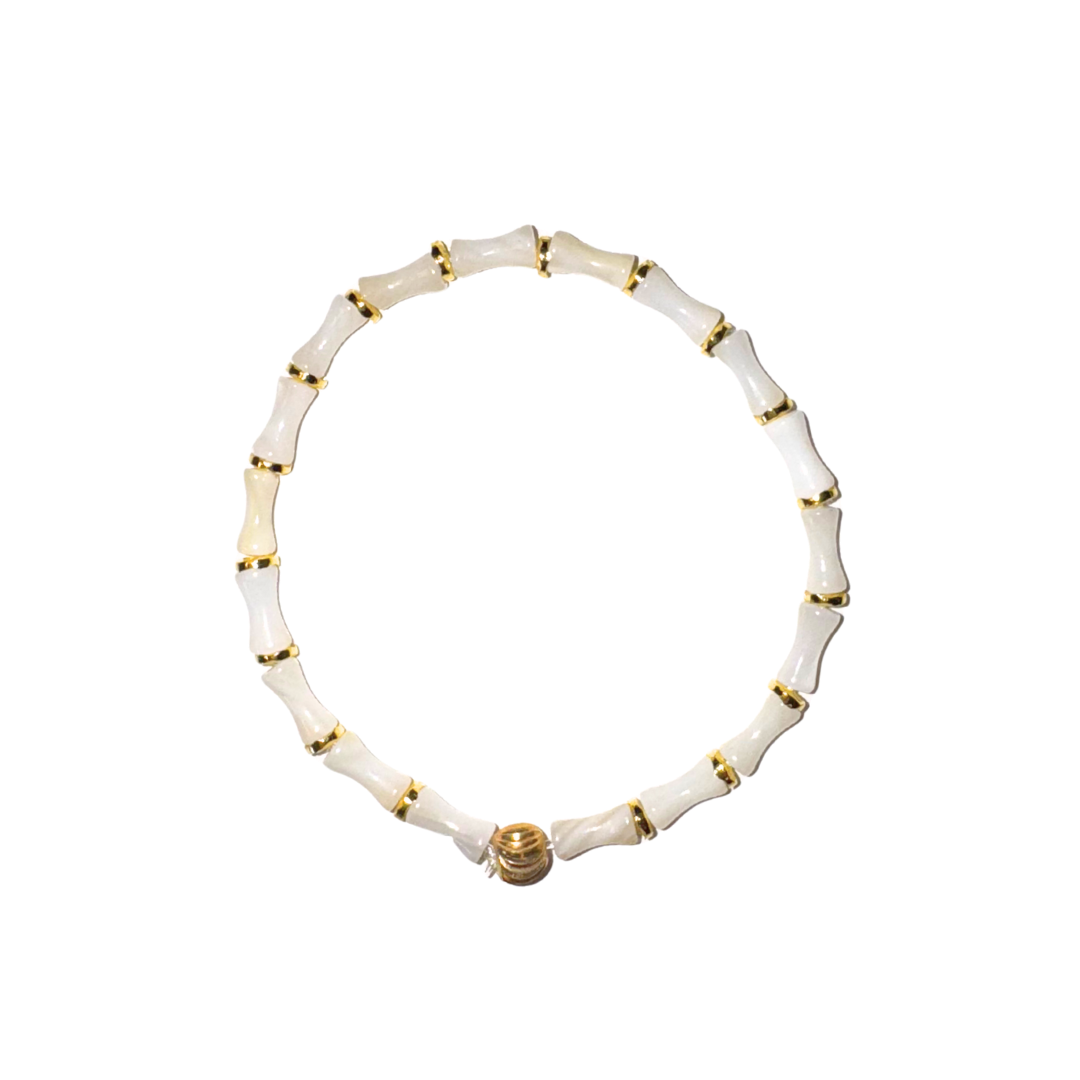 Tiny Bone White Acrylic Bamboo Bracelet with Gold Accents