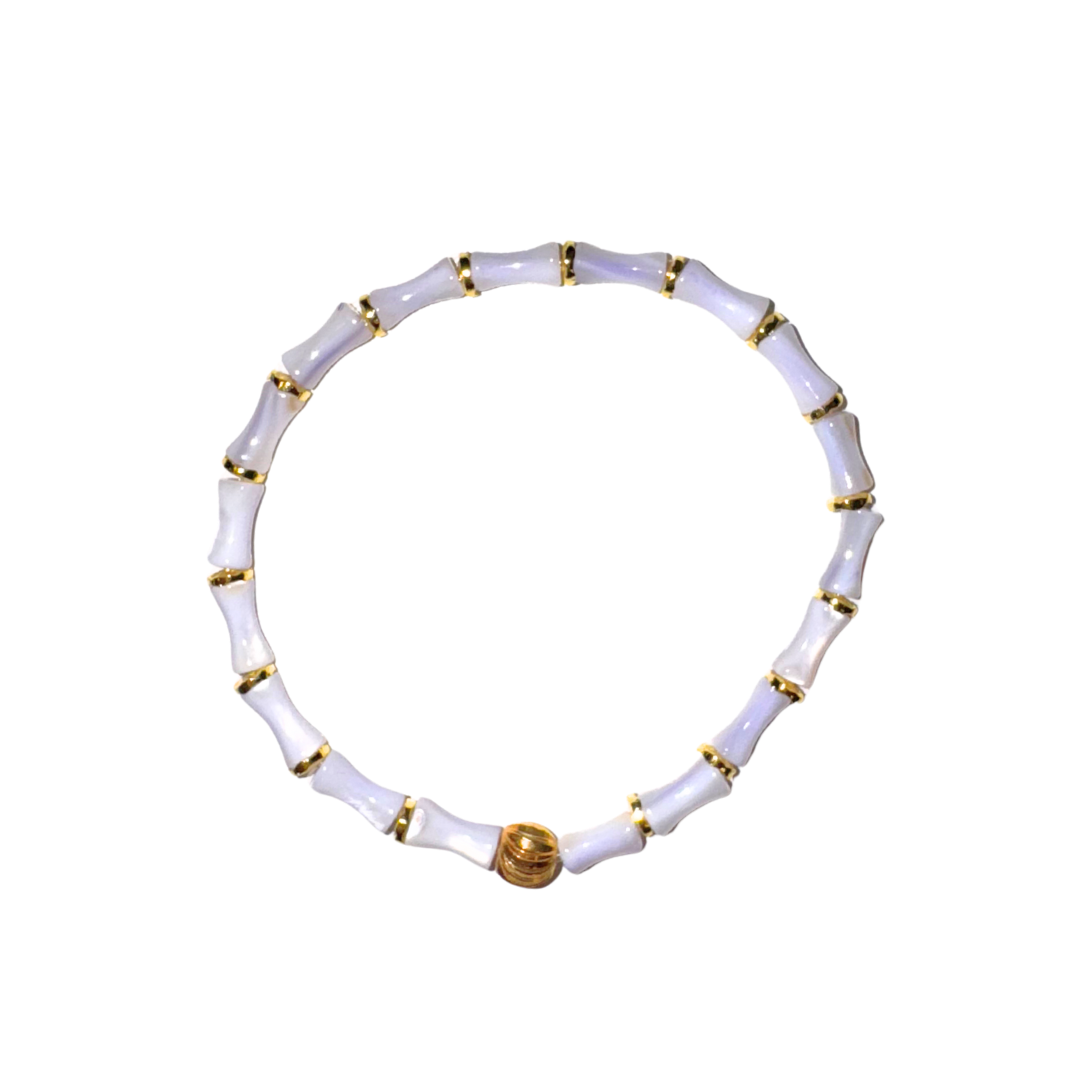 Tiny Frosted White Acrylic Bamboo Bracelet with Gold Accents