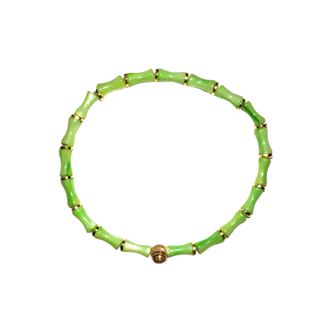 Tiny Lime Green Acrylic Bamboo Bracelet with Gold Accents