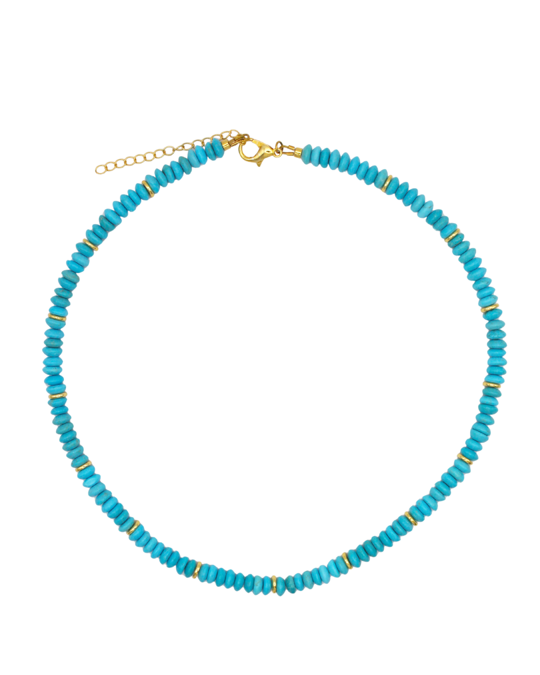 Turquoise beaded necklace with gold accents on a white background