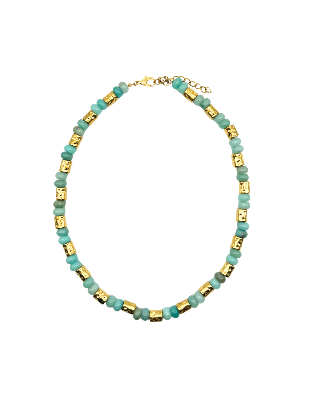 Necklace with turquoise beads and gold accents on a white background