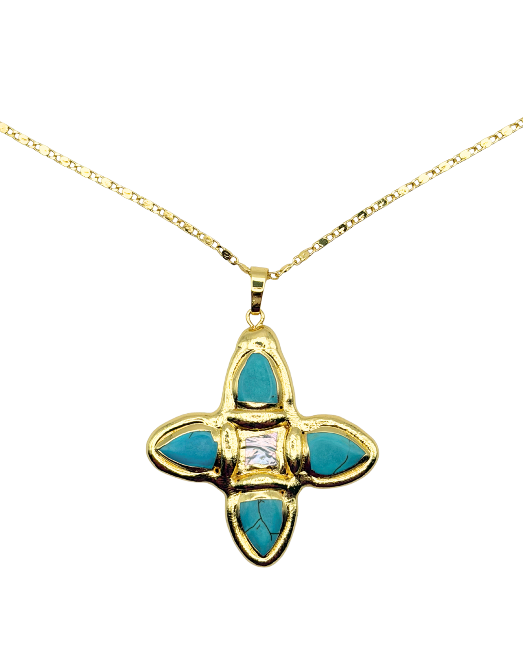 Gold necklace with a turquoise cross clover-shaped pendant on a white background
