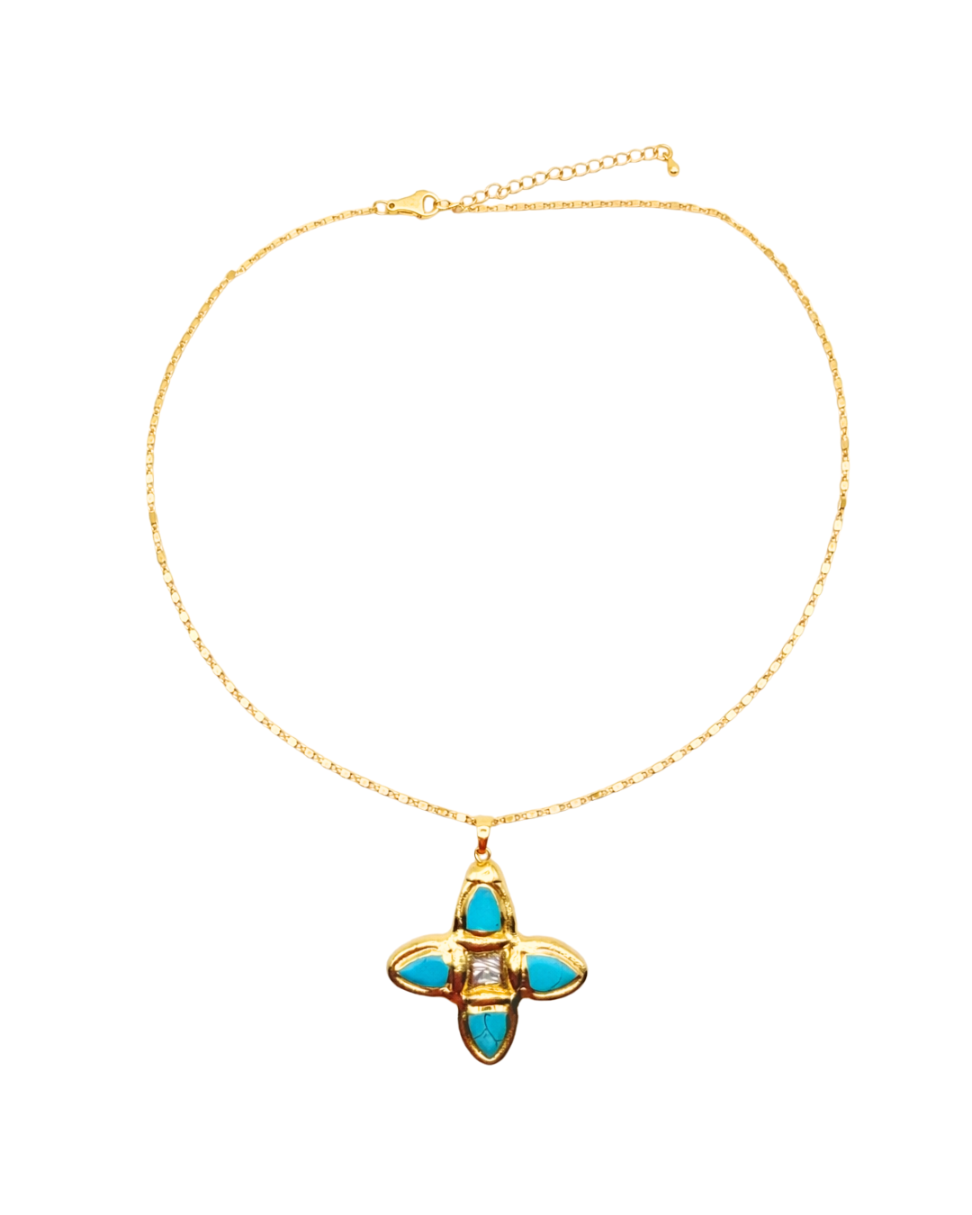 Turquoise & Mother of Pearl Cross Pendant Statement Necklace