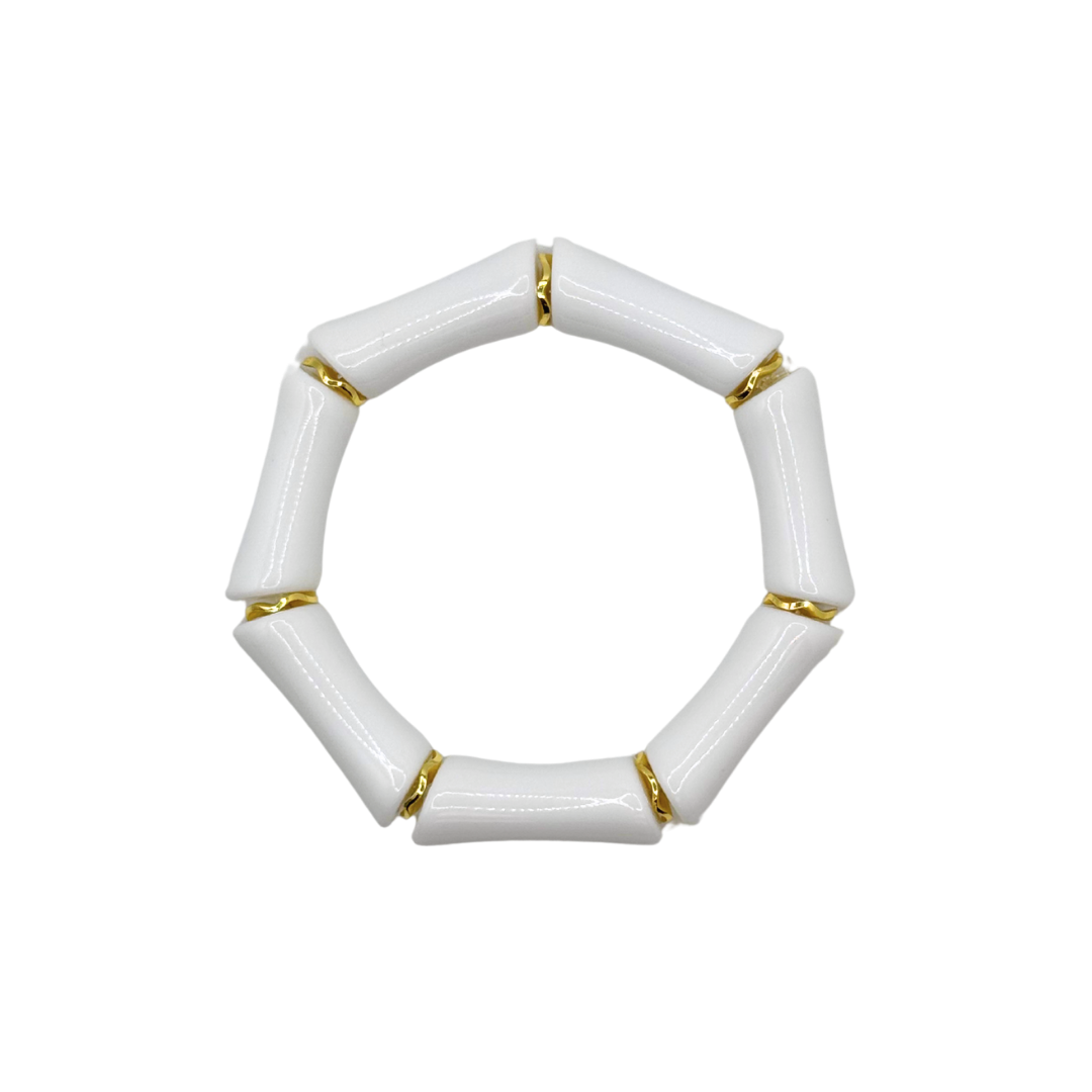 White Acrylic Bamboo Bracelet with Gold Accents