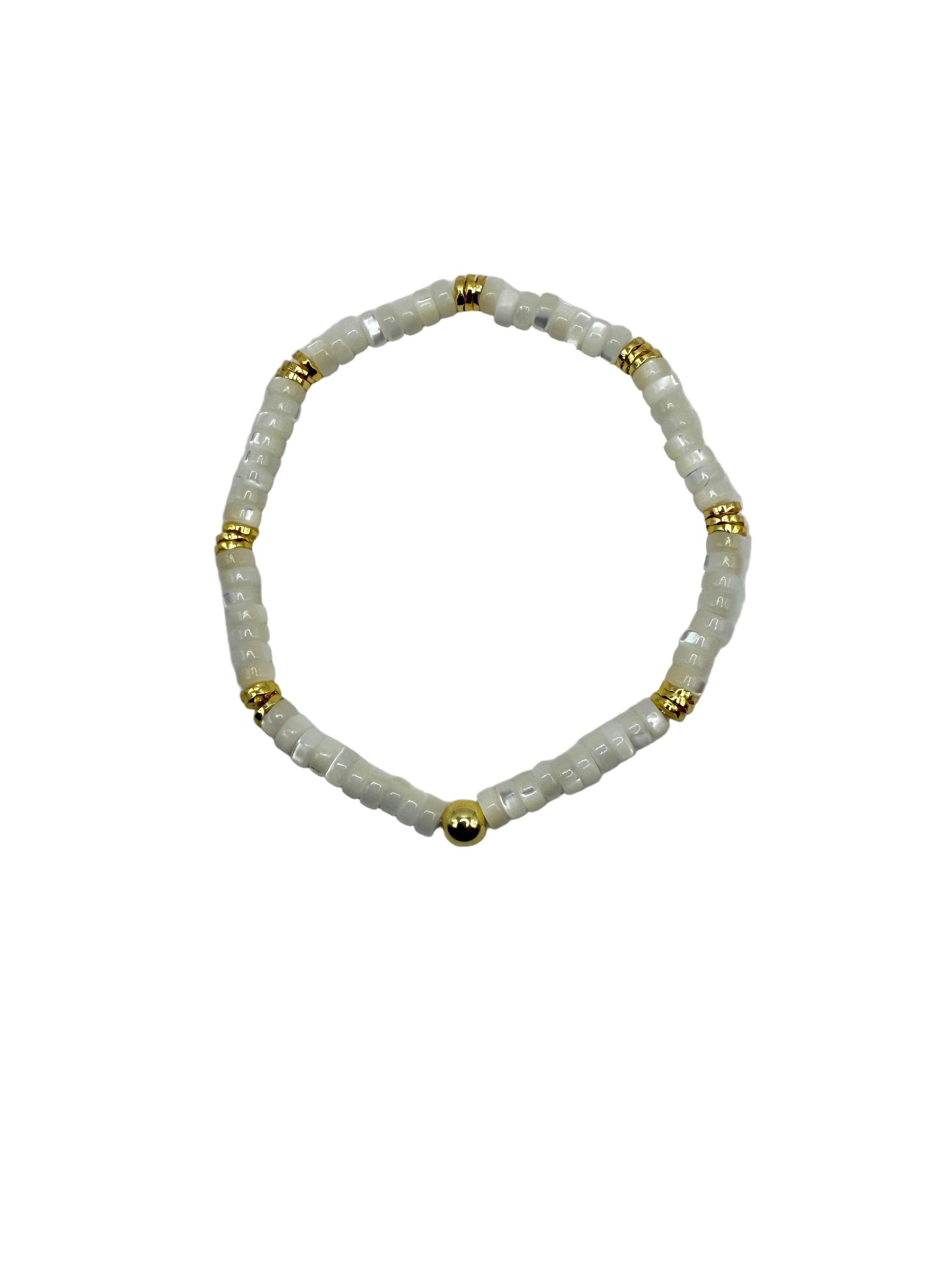 Dainty White Mother of Pearl Flat Pebble Bracelet with 18K Gold Accents