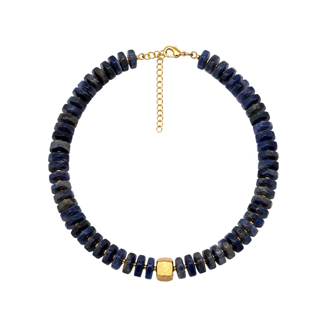 Chunky Dark Blue Lapis Flat Gemstone Necklace