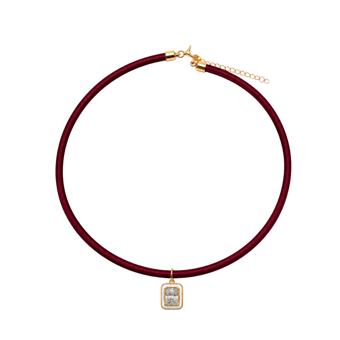 Maroon Satin Necklace with White Enamel Crystal Pendant
