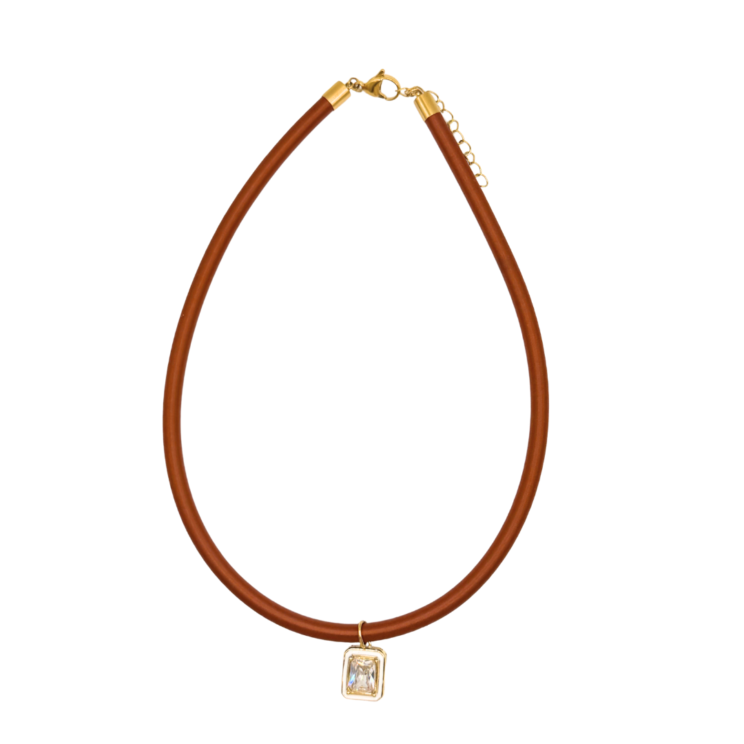 Burnt Orange Satin Necklace with White Enamel Crystal Pendant