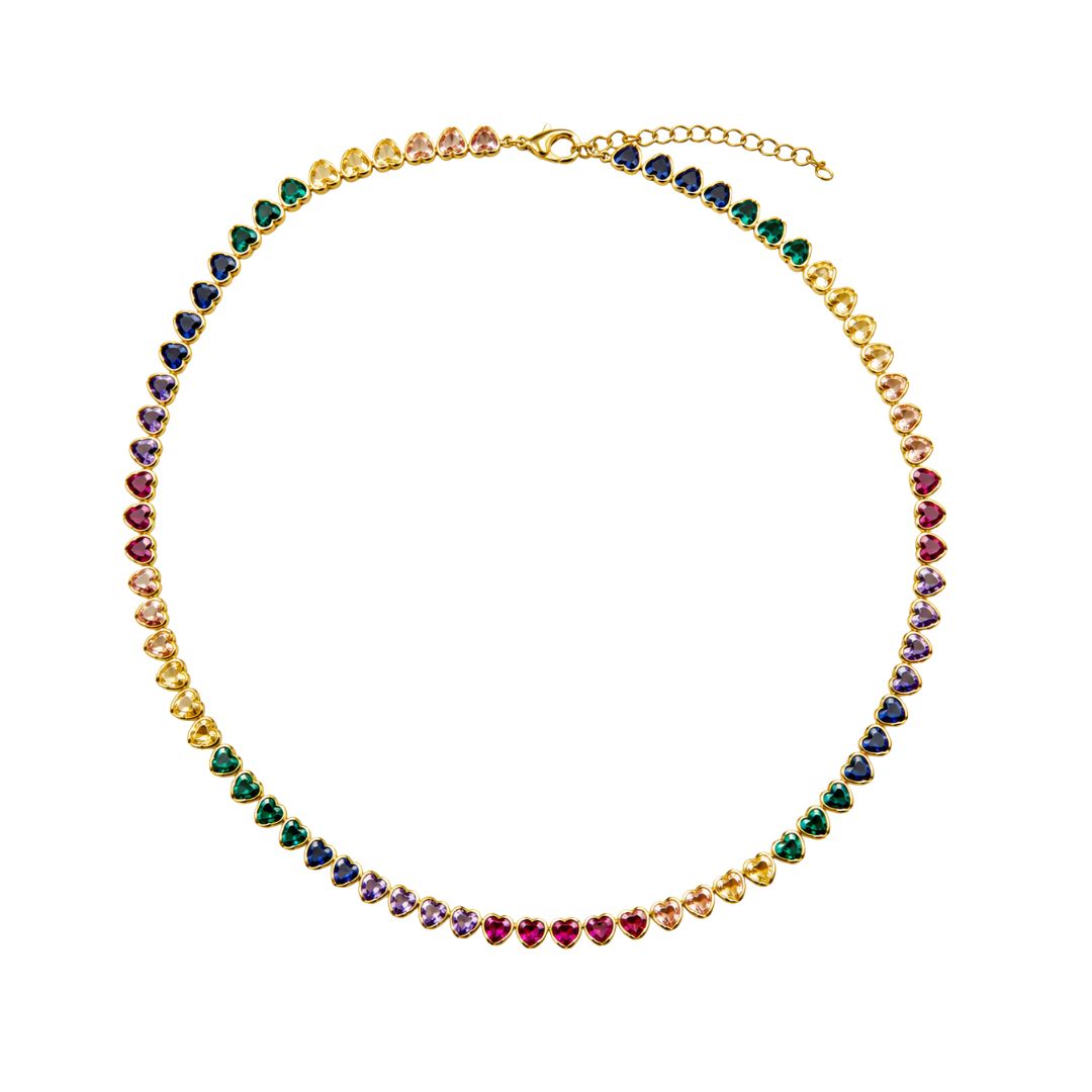 18K Gold Rainbow Heart Tennis Necklace