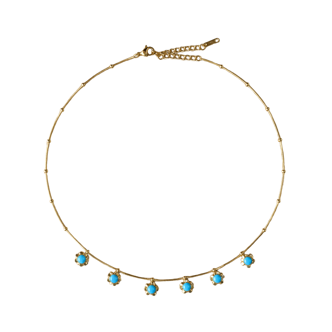 18K Gold Brushed Turquoise Flower Drop Necklace