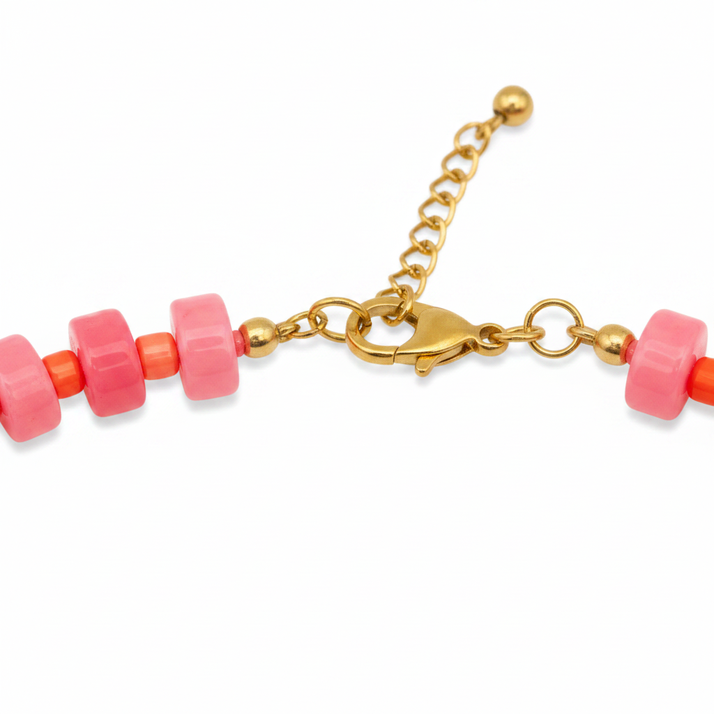 Close-up detail of pink and orange candy chip necklace